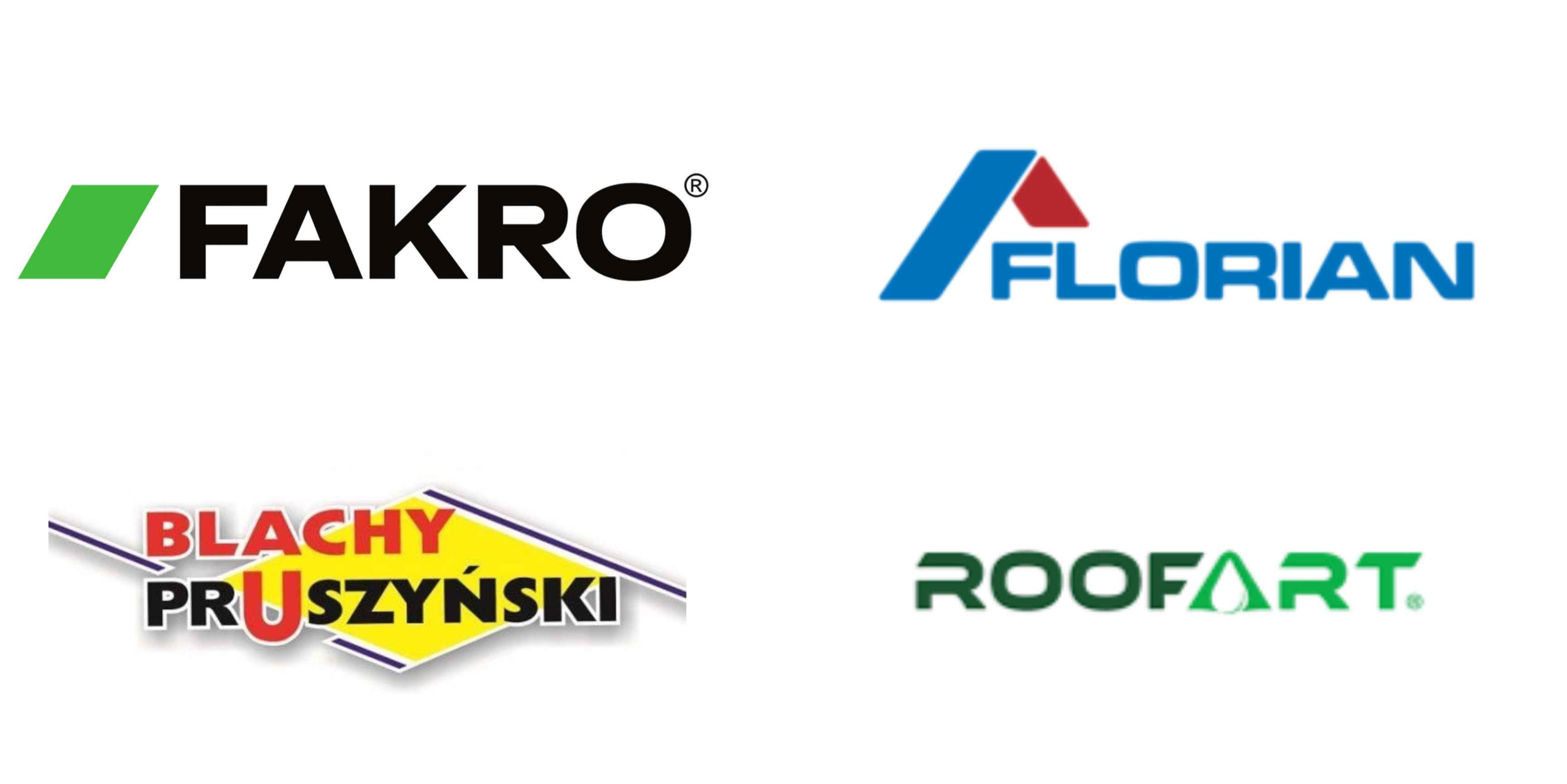 Na obrázku sa nachádzajú logá spoločností: FAKRO, Florian, ROOFART, Blachy-Pruszyński.